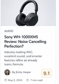 Sony WH-1000XM5 review card with 9.1 score